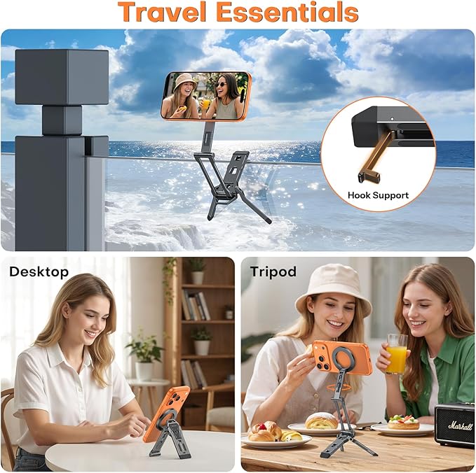 OMOTON TP06 [Equipped Lanyard] for MagSafe Tripod Hook with Magnet Back & Arca-Swiss Base, 360°Rotating with 1/4" Screw, Magnetic Phone Tripod for iPhone 17/16 Pro Max Air Fits Vlog, Travel, Gym
