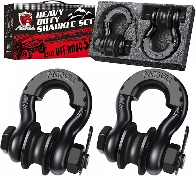 Upgraded Snatch Block, 3/4" D Ring Shackle (2 Pack) 22,000lb Break Strength with Towing Pulley, Heavy Duty Offroad Recovery Accessory for Truck, Tractor, ATV & UTV - Black