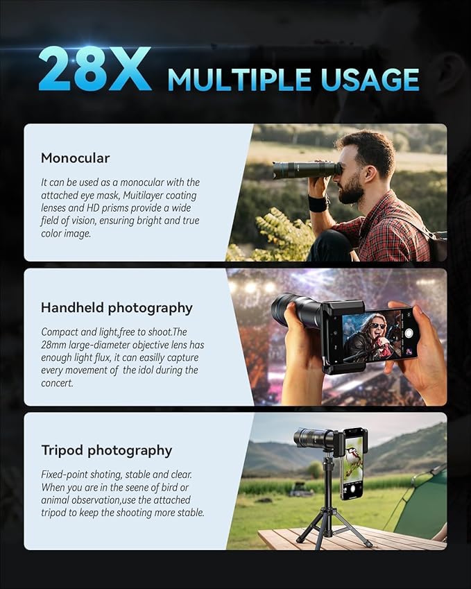 MIAO LAB 28X Telephoto Lens, High Power HD Telephoto Phone Lens with Adjustable Tripod and Universal Phone Clip, Phone Lens Attachment for Android & iPhone