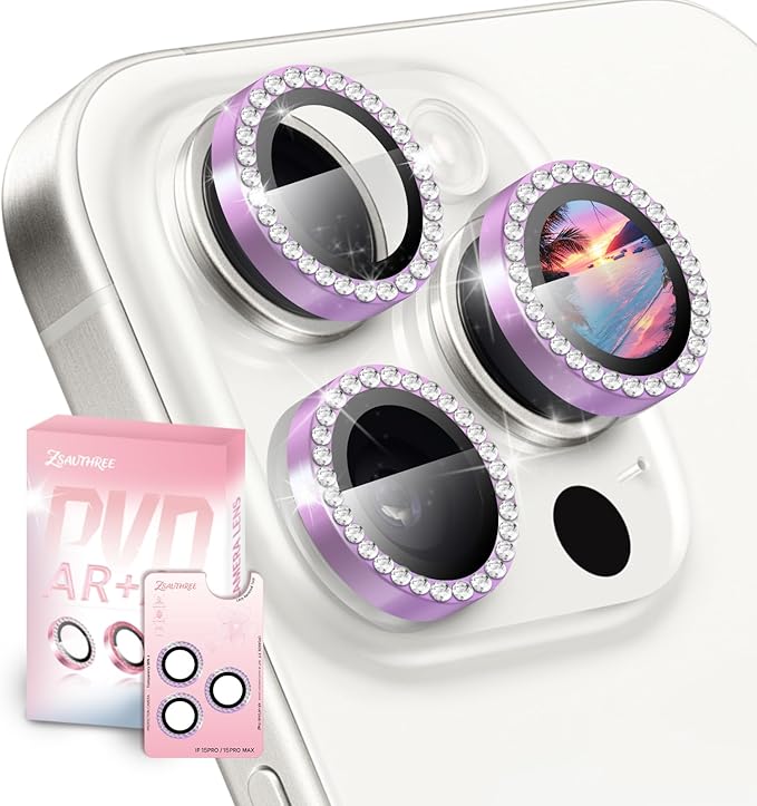 Camera Lens Protector Bling Compatible for iPhone 15 Pro/15 Pro Max,9H Tempered Glass,1Step Installation Tray,HD Clear/Military Grade Shatterproof/Scratch Resistant(Diamond Light Purple)