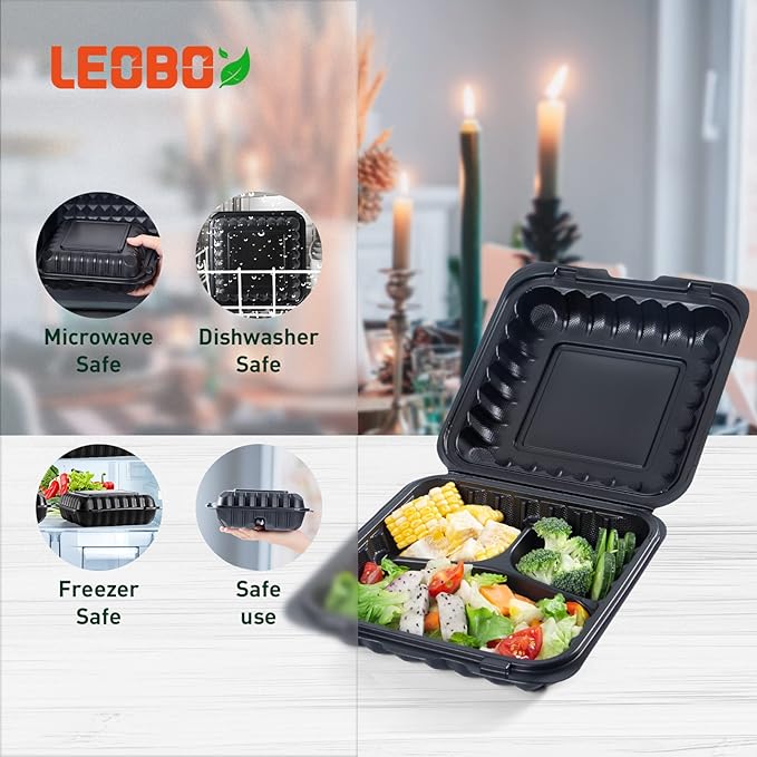 LEOBOX Takeout Container Mineral Filled PP Plastic - 7.8 Inch 30oz 65 Pack BPA Free 3 Compartments Shrink Wrap Bento Box | Freezer & Microwave Safe for Picnic | Black Reusable & Disposable Containers