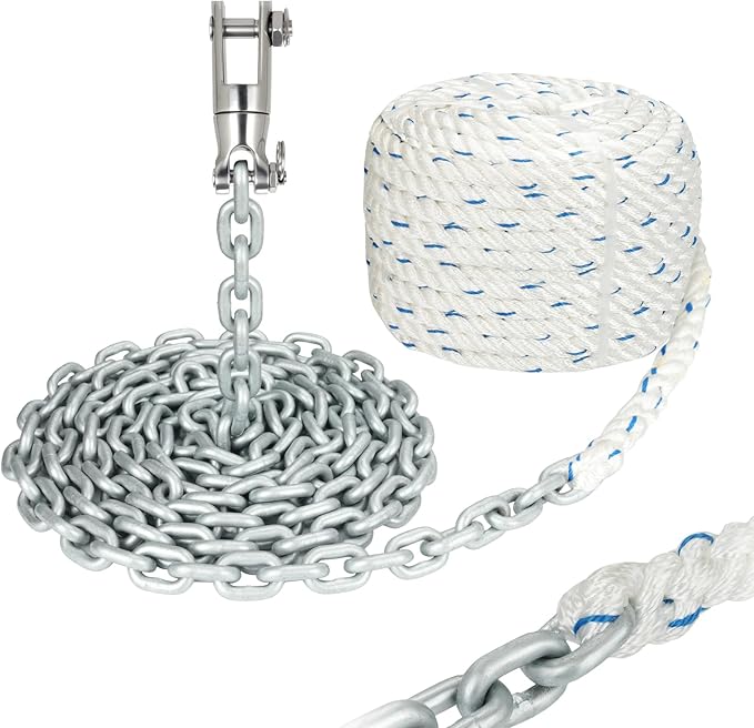 Windlass Anchor Rode Rope/Chain, 1/2" Anchor Line 3-Strand 200ft with 1/4" G4 Hot-Dipped Galvanized Anchor Chain 15ft and Swivel Connector Kit