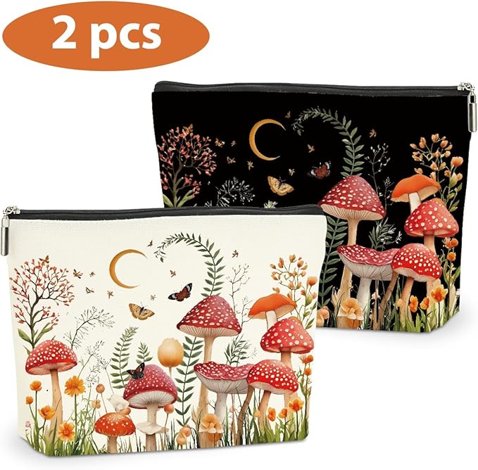 2 PCs Floral Mushroom Makeup Bag Mushroom Gifts Cosmetic Bag, Mushroom Stuff mushroom bag, Mushroom Gift for Women Girls Friends Coworkers Christmas birthday Gifts Botanical Zipper Pouch
