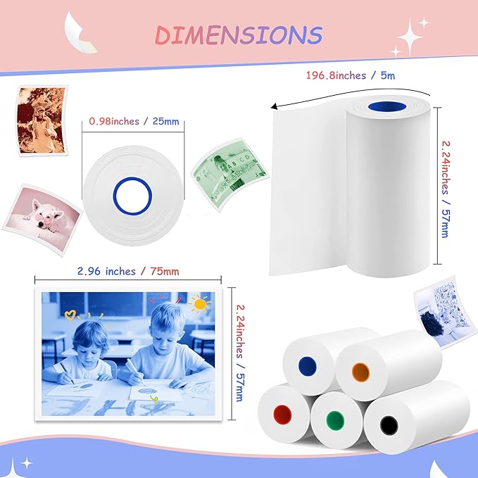 MIARALA 15 Rolls 5 Vibrant Single-Color Kids Camera Paper Roll Refill, HD Paper for Most Kids Instant Cameras, BPA-Free