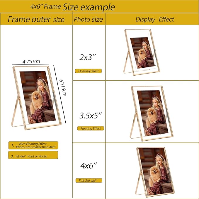 Gold 4x 6'' Floating Frame Set of 2, For Photo Sizes (2x3'', 3.5x 5'' up to 4x6'' ), Beautiful Metal Lace Edge Frames Adjustable Tabletop/Shelf Photo Frame, Classy Gift Choice for Wedding,