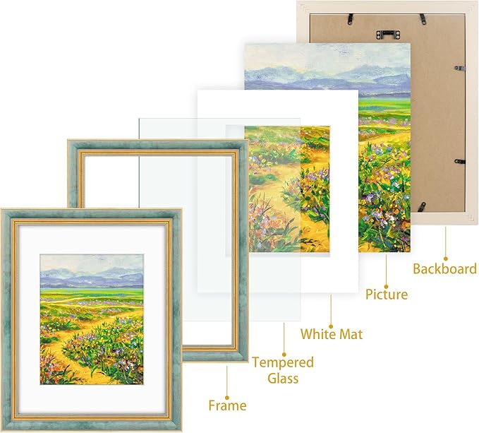 Golden State Art,11x14 Ornate Picture Frame for 8x10 Photo with Mat or 11 x 14 Prints Without Mat, Real Glass Wall Display Horizontally or Vertically (Color:Distressed Blue Gold)