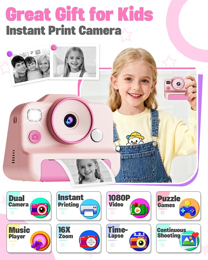 Instant Print Camera for Kids, Front Rear Dual Selfie Kids Camera with 1080P Videos, Christmas Birthday Gifts for Kids Ages 3-12, Toddler Digital Camera Toy for 4 5 6 7 8 Year Old Girls (Pink)