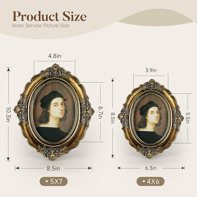 Cuspin 4x6 Vintage Picture Frame Gold Frames, Bronze Gold 4 by 6 Picture Frame Hand-Crafted Resin with Glass Front, Ornate Retro Oval Photo Frame for Wall Hanging and Tabletop Display