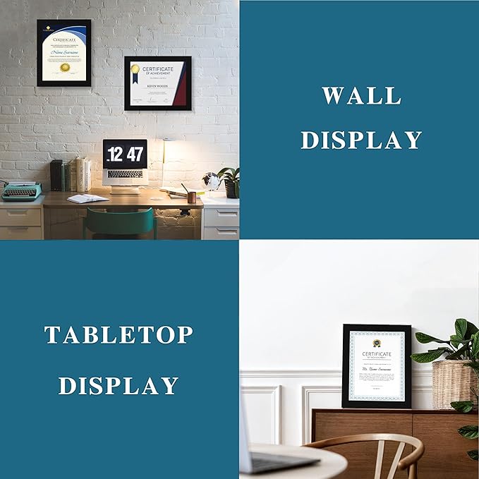 8.5 x 11 Picture Frame Set of 4, Made of Real Glass and Black Certificate & Diploma Frame, 8.5 by 11 Photo for Wall or Tabletop - Display Picture 6x8 with Mat or 8.5x11 Without Mat