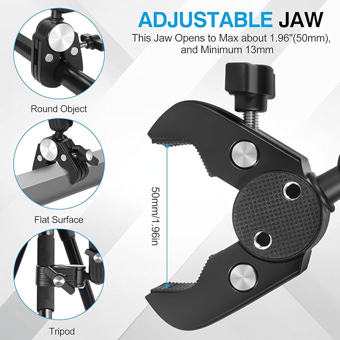 Super Clamp Camera Mount Double Ball Head Magic Arm with 1/4 Inch Threads Universal Mount for Monitor Light Action Camera Compatible with DSLR Tripod Desk Fence