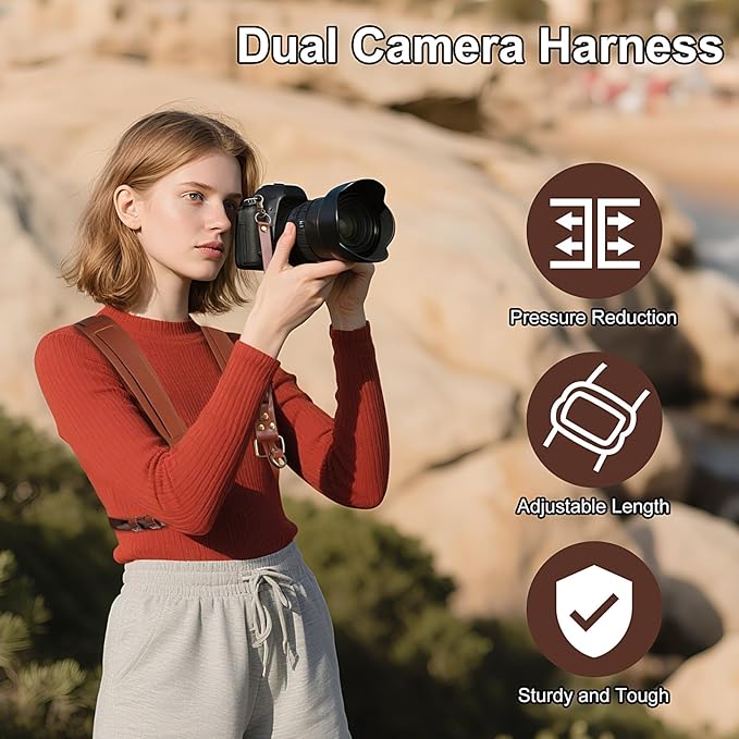 JUNART Camera Strap,Leather Dual Camera Harness with Shoulder Widening Stress Relief, Adjustable Camera Strap for Photographers for Two DSLR/SLR Cameras