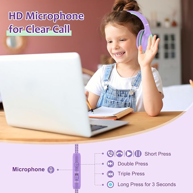 Kids Headphones Wired with Microphone, USB Type C Headphones for Kids Girls Boys with Cord/LED Lights/85/94dB Volume Limit, Portable Over Ear Headphones for School/Travel/Tablet/iPad