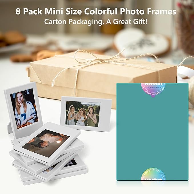 HIYQIN 8 Pack 2x3 Mini Photo Frame Set with Clear Protective Film - Desk Stand Up Display Small Picture Frames for Polaroid Instax mini 12/11/evo/Liplay/41/40/99/SE/9/8/7+ Photo, 3-Inch Film Frame- Freestanding Photo Holder - Grey