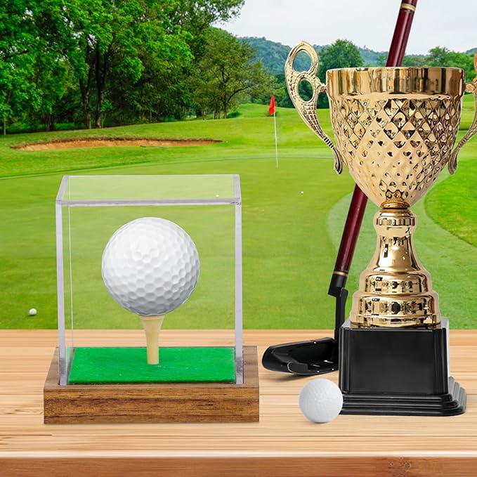 2 Pack Clear Acrylic Golf Ball Display Case with Wood Base & Tee, Memorabilia Stand Cube Holder, Dust Protection Transparent Storage Box for Single Ball Souvenir Golfball Collections