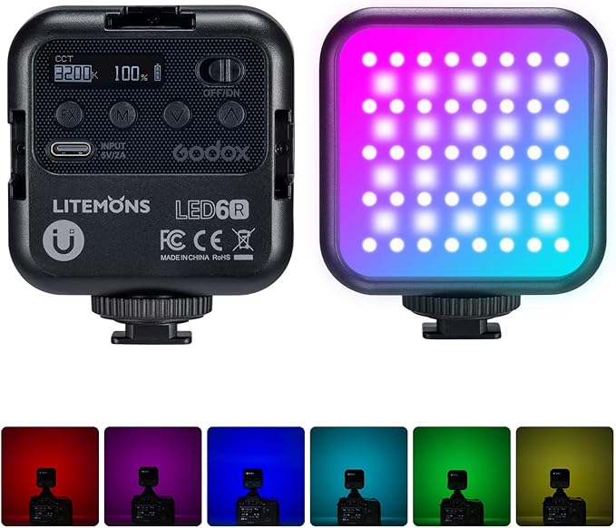 Godox LED6R RGB Video Light,360° Full Color LED Camera Light,HSI Adjustable 36000 Colors,CCT Bicolor 3200K～6500K,CRI 95,13 Scene Modes,Portable Photography Lighting Support Magnetic Attraction