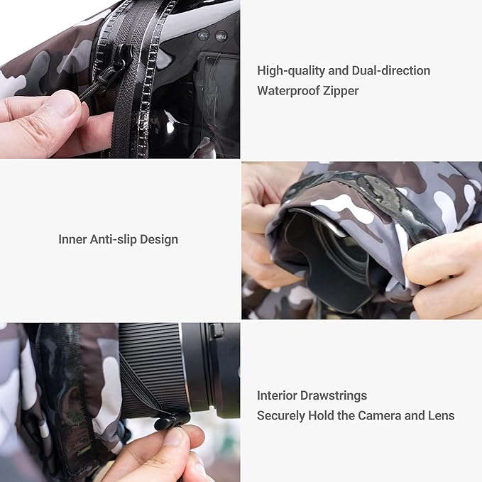 JJC Camera Rain Cover Sleeve for Canon Nikon Sony Fujifilm Mirrorless Camera with Lens Below 7.1x5.5x9.1” (WxHxD), Nylon Camera Rain Coat Protector with Zippered See Through Windows-Camouflage Gray