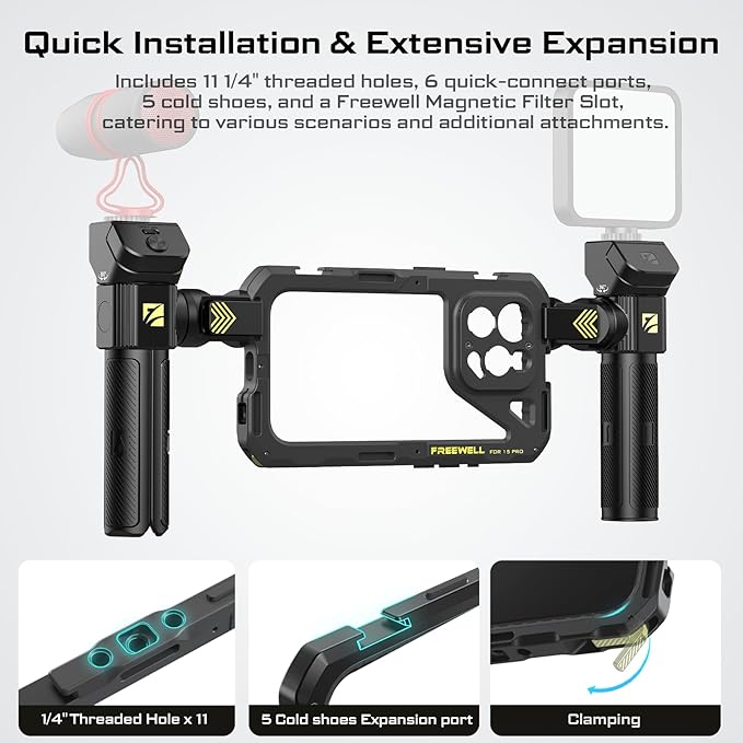 Freewell Genius Rig Cage for iPhone 15 Pro Max - Tool-Free Installation, Multifunctional Tripod & Monopod Handles, Bluetooth Remote