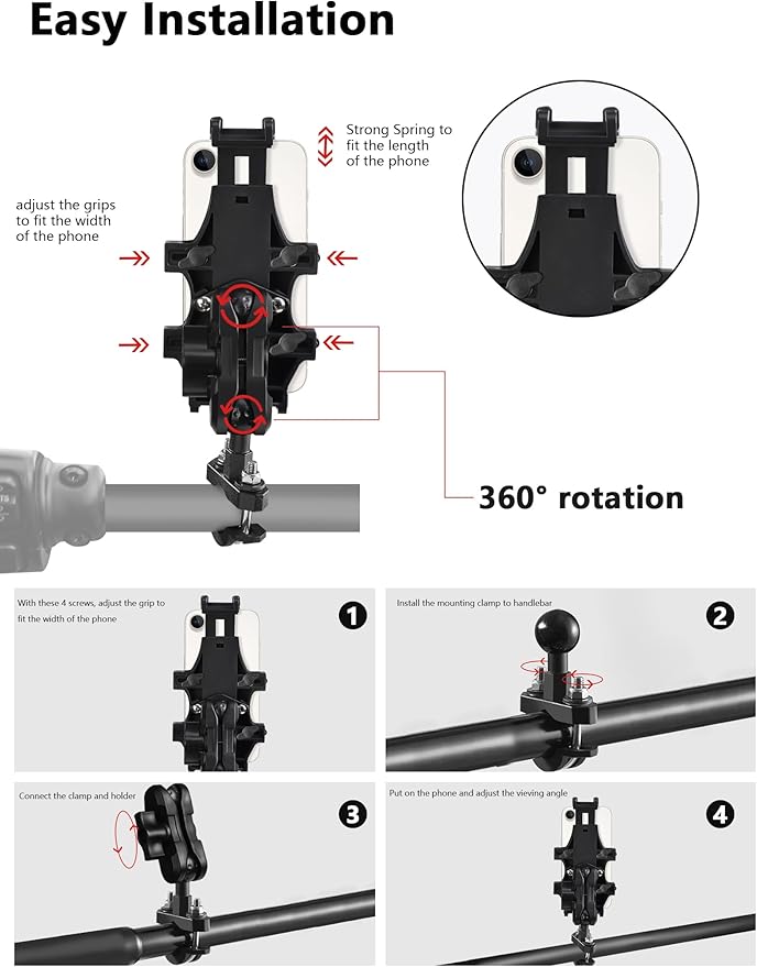 ATV Phone Holder, Quad Phone Mount, 8 Clamps Holds 4.7-7.1" Phones, One Hand Operation Motorcycle Phone Clip for 7/8-9/8" Handlebar,Compatible with Yamaha Polaris Honda Can Am