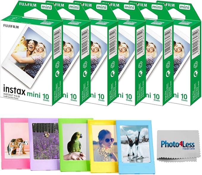 Fujifilm Instax Mini Instant Film Value Pack - 60 Photos Bundle with Plastic Photo Frame for Mini Film Assorted Colors and Cloth