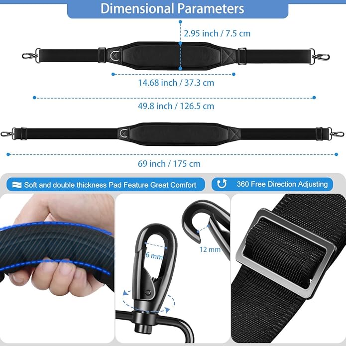 ZINZ Shoulder Strap 69" with Padded, Universal Bag Strap with Dual Buckles and Metal Swivel Hooks for Laptop Bag, Camera Bag