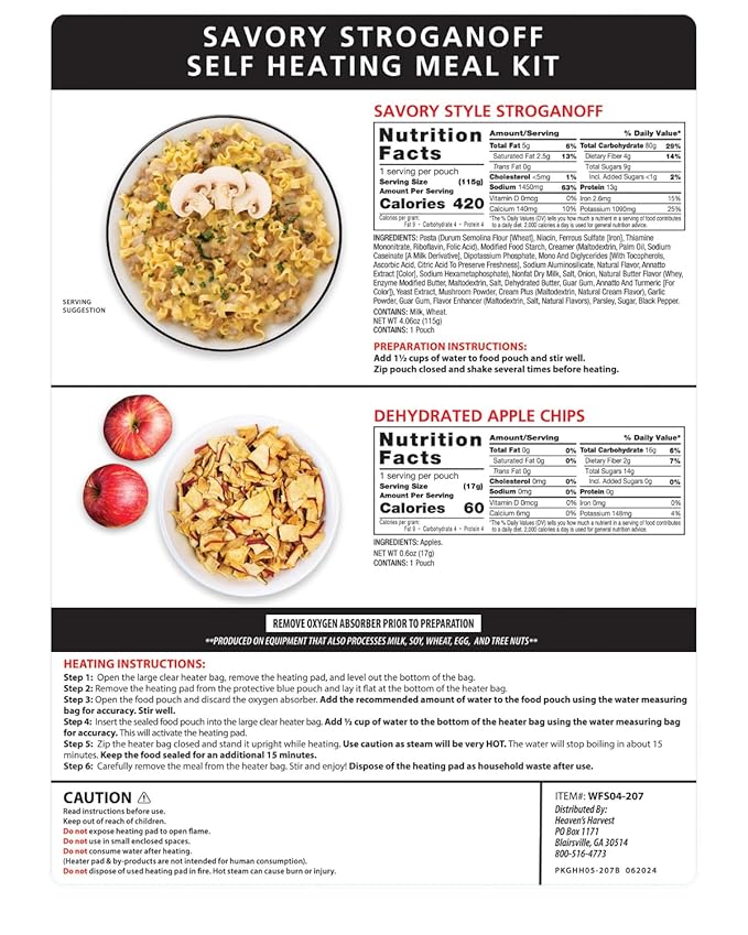 Heaven's Harvest Self Heating Meal Kit - Just add water to activate the heating element and the cooking process begins! Emergency Survival Food with a 10-Year Shelf Life (6-pack, Savory Stroganoff)