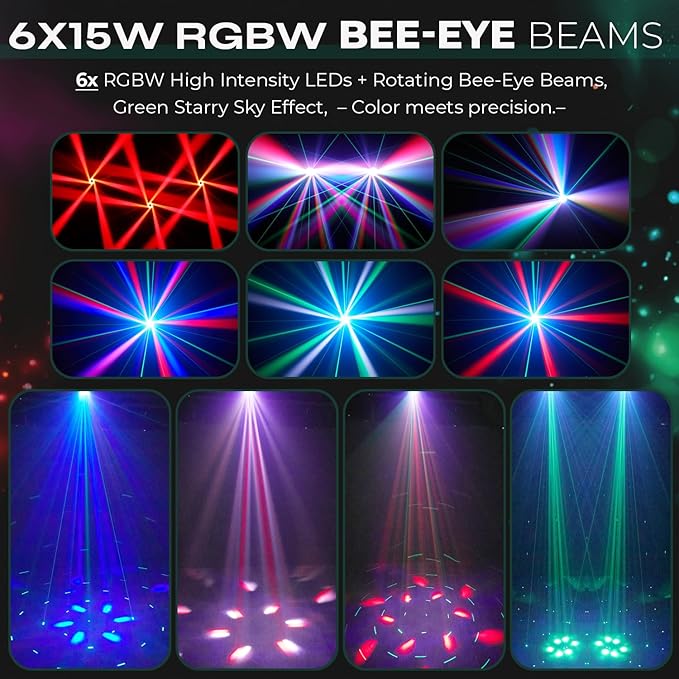 6×15W RGBW Bee-Eye Moving Head DJ Light – LED Ring & Starry Sky Effects, 540° Pan / 270° Tilt Stage Lighting with DMX512 Auto & Sound-Activated Modes for Parties, Clubs, Weddings