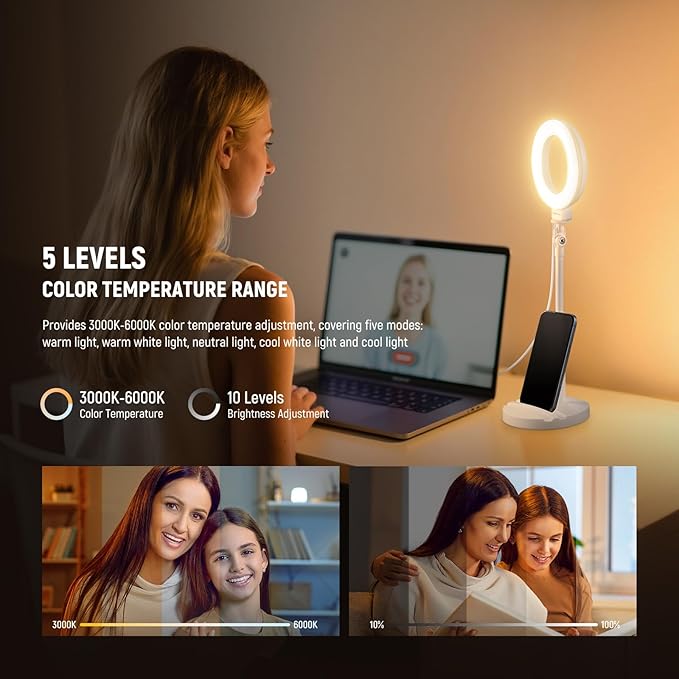 NEEWER BASICS 5"/13cm Desk Ring Light with Stand, 10W LED Selfie Light with Phone Holder Base Compatible with iPhone for Video Recording Laptop Webcam Zoom Video Conference Lighting Makeup, White BR60