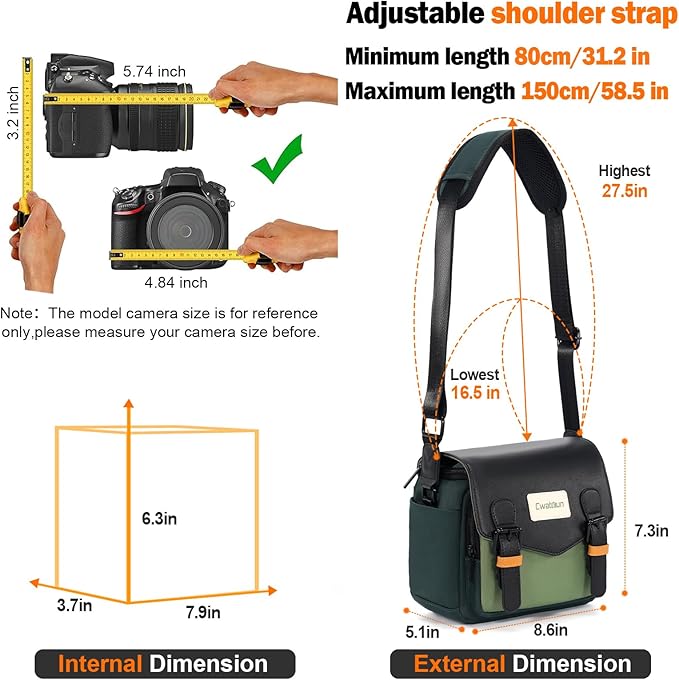 Cwatcun Camera Bag, Waterproof Flap Camera Crossbody Shoulder Messenger Case with Tripod Holder, Travel Photography Bag for Canon, Nikon, Sony, Fuji DSLR/SLR/Mirrorless Camera, Lens - Green, S