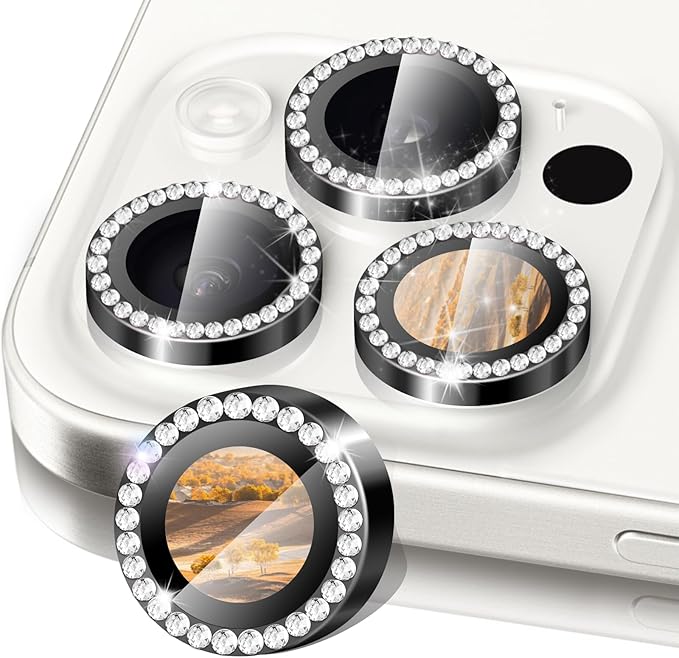 Camera Lens Protector Bling Compatible for iPhone 16 Pro/iPhone 16 Pro Max,9H Tempered Glass Camera Cover Screen Protector,HD Clear,Aluminum Alloy Ring Decoration (Diamond Black)
