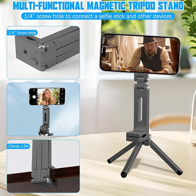 Magnetic Phone Tripod Stand,Tripods Mount Foldable,Magnetic Tripod Selfie Stick,Upgrade Mini Cell Phone Tripods Mount Handle Smartphone Desk Stand for Video Recording Travel,PhoneStand (Gray)