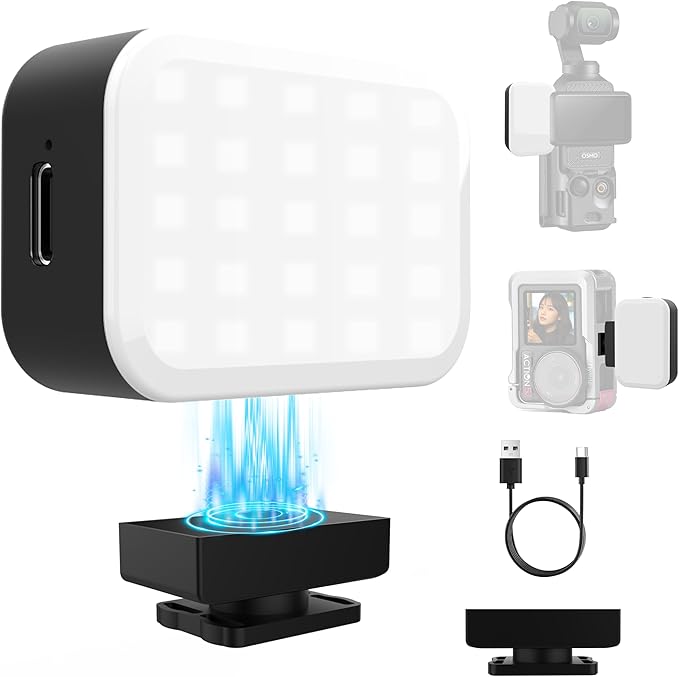 Magnetic Mini LED Light for DJI Osmo Pocket 3, Action Cameras Rechargeable Mini Video Fill Light, Cold Shoe with 1/4" Threaded, 3 Colors, 2 Brightness Levels, 400mAh, for Selfie, Vlog, Video Recording