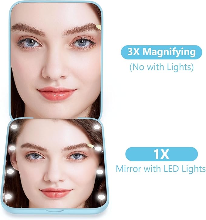 WOBSION Small Mirror with Lights,LED Compact Makeup Mirror,1x/3x Mini Travel Mirror with Magnification,Portable for Purse,Pocket,Gifts for Girls,Blue