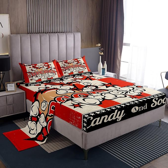 Erosebridal Movie Themed Bed Sheets Set King Size Vintage Cinema Style Sheet Set for Boys Girls Family Home Theater Decor Sheets Movie Theater Decor Fitted Sheet Popcorn Print Flat Sheet