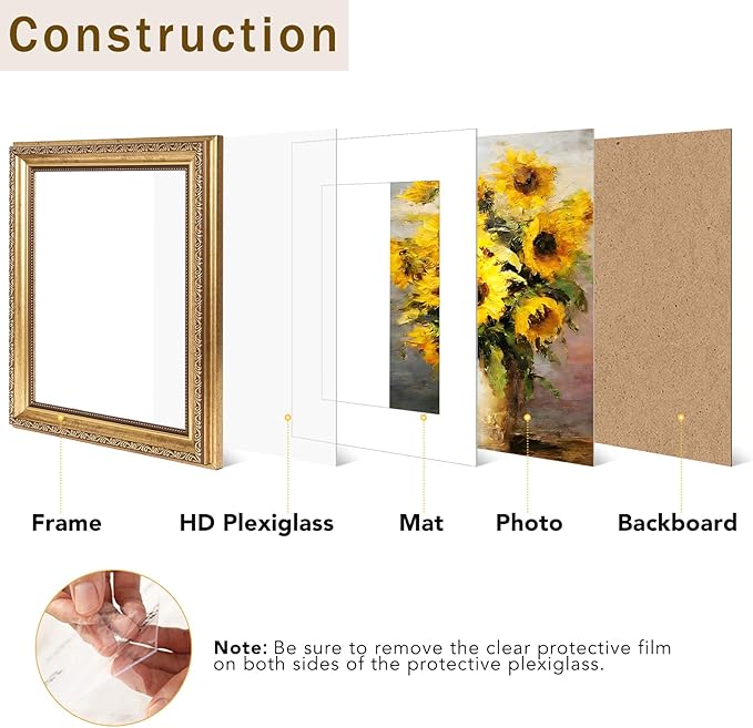 8x10 Vintage Picture Frame with 5x7 Mat Set of 2, Elegant Retro 8 by 10 Photo Frame with Shatter-Resistant Plexiglass for Wall or Tabletop Display, Gallery Decor & Gift, Gold, 2 Pack