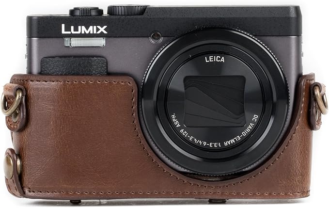 MegaGear MG1259 Ever Ready Leather Camera Case compatible with Panasonic Lumix DC-ZS80, DC-ZS70, DC-TZ95, DC-TZ90 - Dark Brown