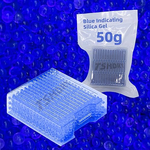 Blue Indicating Silica Gel Beads 4 Packs 50 Gram Desiccant Functional Hard Plastic Canister Dehumidifier Moisture Absorb Box Dryer for Camera Microscopes Telescopes