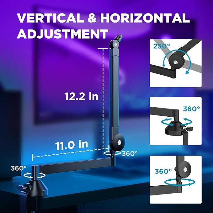 InnoGear Low Profile Mic Arm, 360° Rotatable Microphone Boom Arm Mic Stand for Fifine AM8 K669B Blue Yeti HyperX QuadCast SoloCast AT2020, with Mic Clip 3/8" to 5/8", 3/8" to 1/4" Adapter, Black