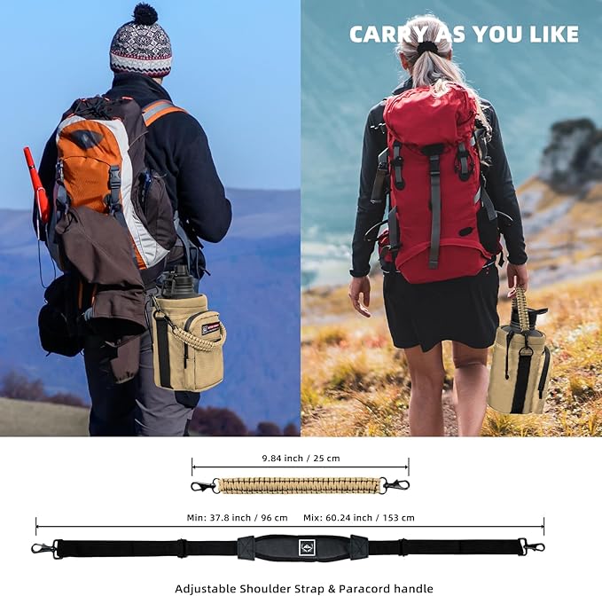 NATURE PIONEOR Water Bottle Holder with Adjustable Strap - Half/One Gallon (64/128oz) Insulated Water Bottle Sling Carrier with Phone Pocket & Paracord Handle, Outdoor Camping, Hiking, Gym