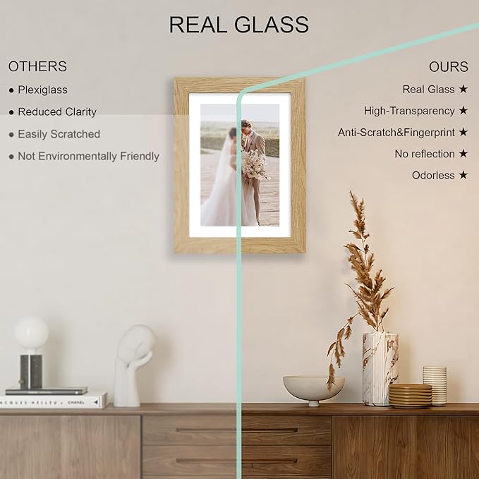 7x10 Picture Frame Set of 4, Made of Real Glass and Natural Oak Frame - Display 5.5 x 8.5 Diploma Frame with Mat or 7x10 Without Mat, 7 by 10 Photo for Wall or Tabletop