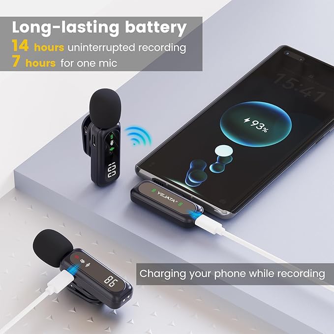 Wireless Lavalier Microphone with Digital Battery Display 360° Omnidirectional Noise Cancelling 100FT Range Rotatable Clip for iPhone 15/16 Android PC iPad Tablet