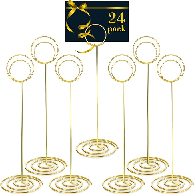 24 Pack 8.86 Inch Table Number Holder Wire Photo Holder Picture Name Menu Clips Memo Note Cards Stand for Wedding Reception Anniversary Birthday Centerpieces(Gold)