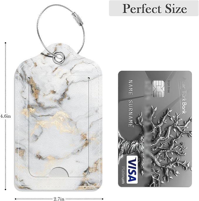 Luggage Tags for Suitcase, 2 Pack PU Leather Travel Cruise Luggage Tag with Privacy Flap, Name ID Label and Metal Loop for Women Men Suitcase Baggage Bag Backpack Instrument, White Gold Marble