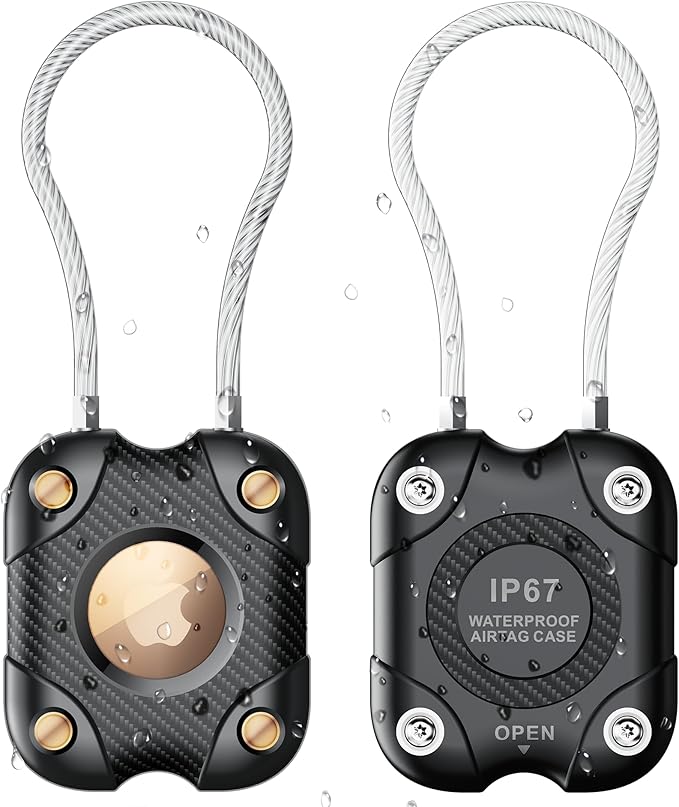 2 Pack Airtag Holder with Wire Cable, Secure Lock Airtag Keychain,IPX7 Waterproof,360°Hard Protective Air Tag Case Holder for Apple Air tag for Key Chain,Key Ring,Car,Luggage