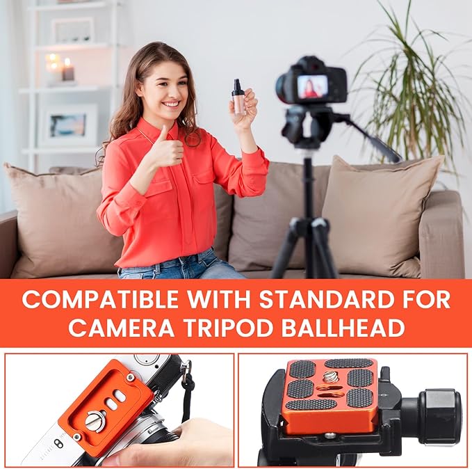 Frienda 2 Pieces Metal Quick Release Plate with 1/4''-20 Camera Screw Tripod Mount Plate Fits Standard for DSLR Camera Tripod Ball Head(Orange,Pu60)