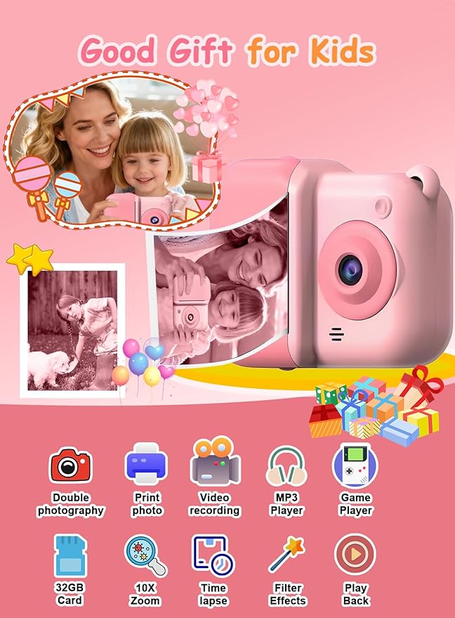 Kids Camera Instant Print, Christmas Birthday Gifts for Girl Boys 3-12 Years Old, Dual Camera HD Digital Video Cameras for Toddler 4 Rolls Print Paper & 32G Card (Pink)