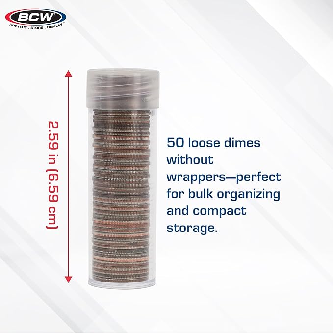 COIN STORAGE TUBES, round clear plastic w/ screw on tops for DIMES (Quantity of 25 tubes)