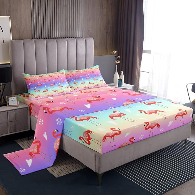 Erosebridal Pink Flamingo Bed Sheets Set - Queen Size Blue Purple Rainbow Gradient Sheet Set for Boys & Girls - Cute Animal Flamingo Fitted & Flat Sheets - 4 Pcs