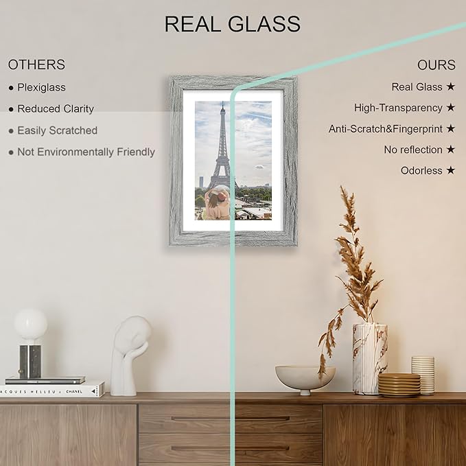 7x10 Picture Frame Set of 4, Made of Real Glass and Grey Frame - Display 5.5 x 8.5 Diploma Frame with Mat or 7x10 Without Mat, 7 by 10 Photo for Wall or Tabletop