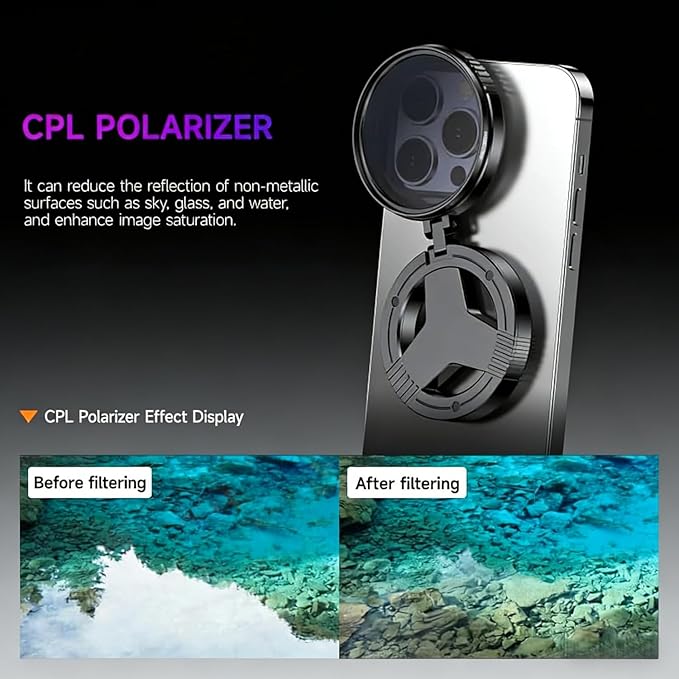 Magnetic CPL Filter for iPhone, Quick Mount for iPhone Filter Lens, Professional 52mm Polarizing Filter for iPhone Compatible with iPhone 12-16, Anti-Glare, Reduces Reflections Enhances Colors