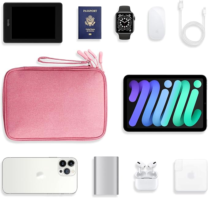 Large Electronics Organizer, Travel Accessories Cord Pouch for 7.9 Inch Tablet, Cables, Charger, Power Adapter, 2 Layers (Rosy Pink)